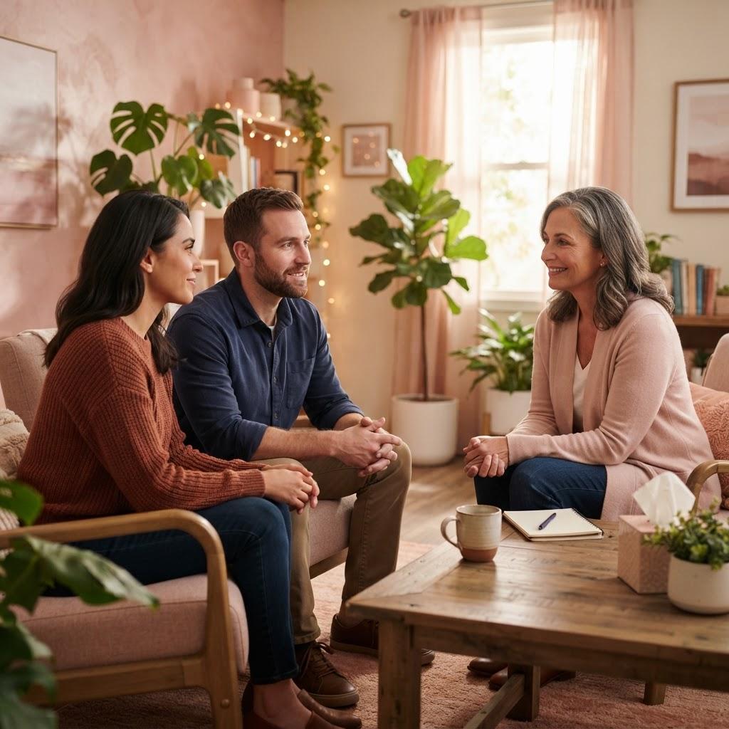 A client and healer engaged in a warm, professional healing session in a softly lit, nurturing environment